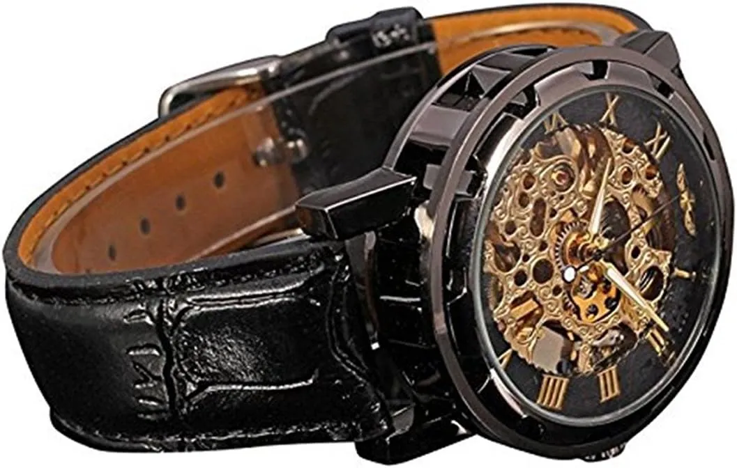 Retro Minimalist Mechanical splash pike syllable besiege yolk bulletin Wrist Watch Leather Strap Roman Number Transparent Dial Skeleton Watch MASTOP Men's 
