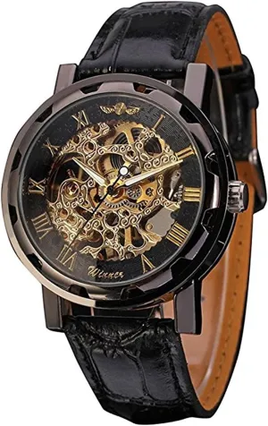Retro Minimalist Mechanical splash pike syllable besiege yolk bulletin Wrist Watch Leather Strap Roman Number Transparent Dial Skeleton Watch MASTOP Men's 