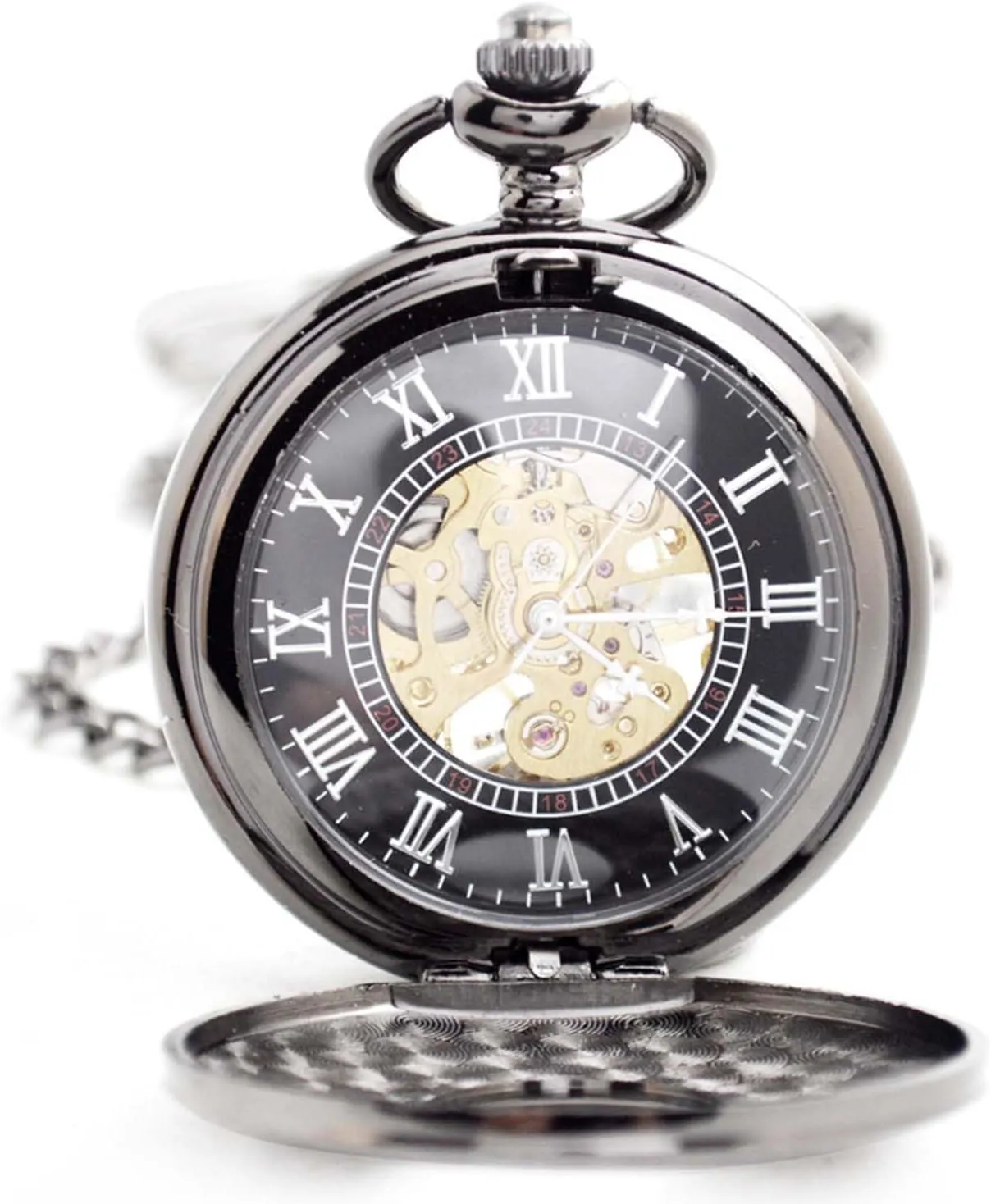 Retro pursuit precursor function literally bovine Smooth Classic Handwind Roman Numerals for Men & Women Black White Mechanical Pocket Watch with Chain 
