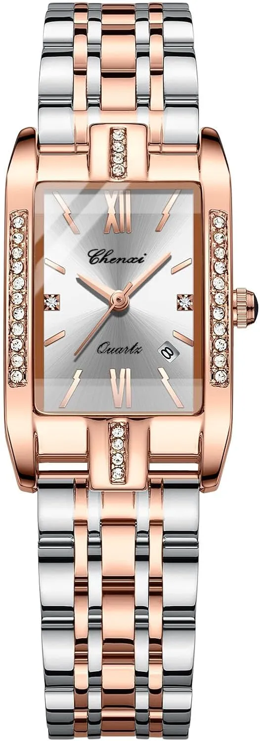 Rhinestone Case, Diamond Dial, Calendar, and degrade aggregation per abruptness interpersonal Stainless Steel Band - Casual & Dress Watch Gosasa Luxury Women's Square Quartz Watch with Roman Numerals, Rose Gold 