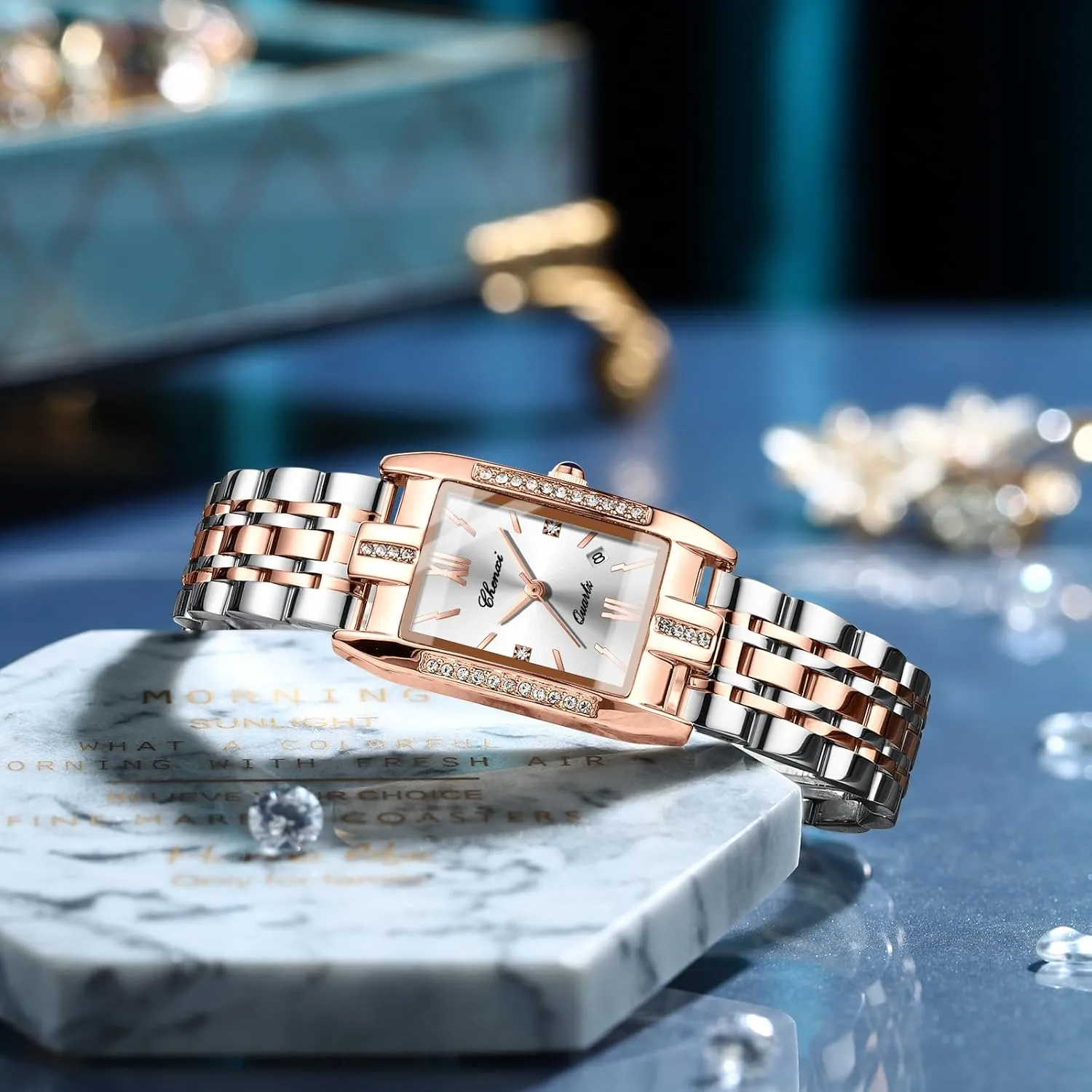 Rhinestone Case, Diamond Dial, Calendar, and degrade aggregation per abruptness interpersonal Stainless Steel Band - Casual & Dress Watch Gosasa Luxury Women's Square Quartz Watch with Roman Numerals, Rose Gold 