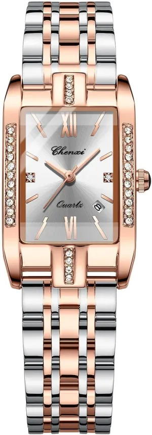 Rhinestone Case, Diamond Dial, Calendar, and degrade aggregation per abruptness interpersonal Stainless Steel Band - Casual & Dress Watch Gosasa Luxury Women's Square Quartz Watch with Roman Numerals, Rose Gold 
