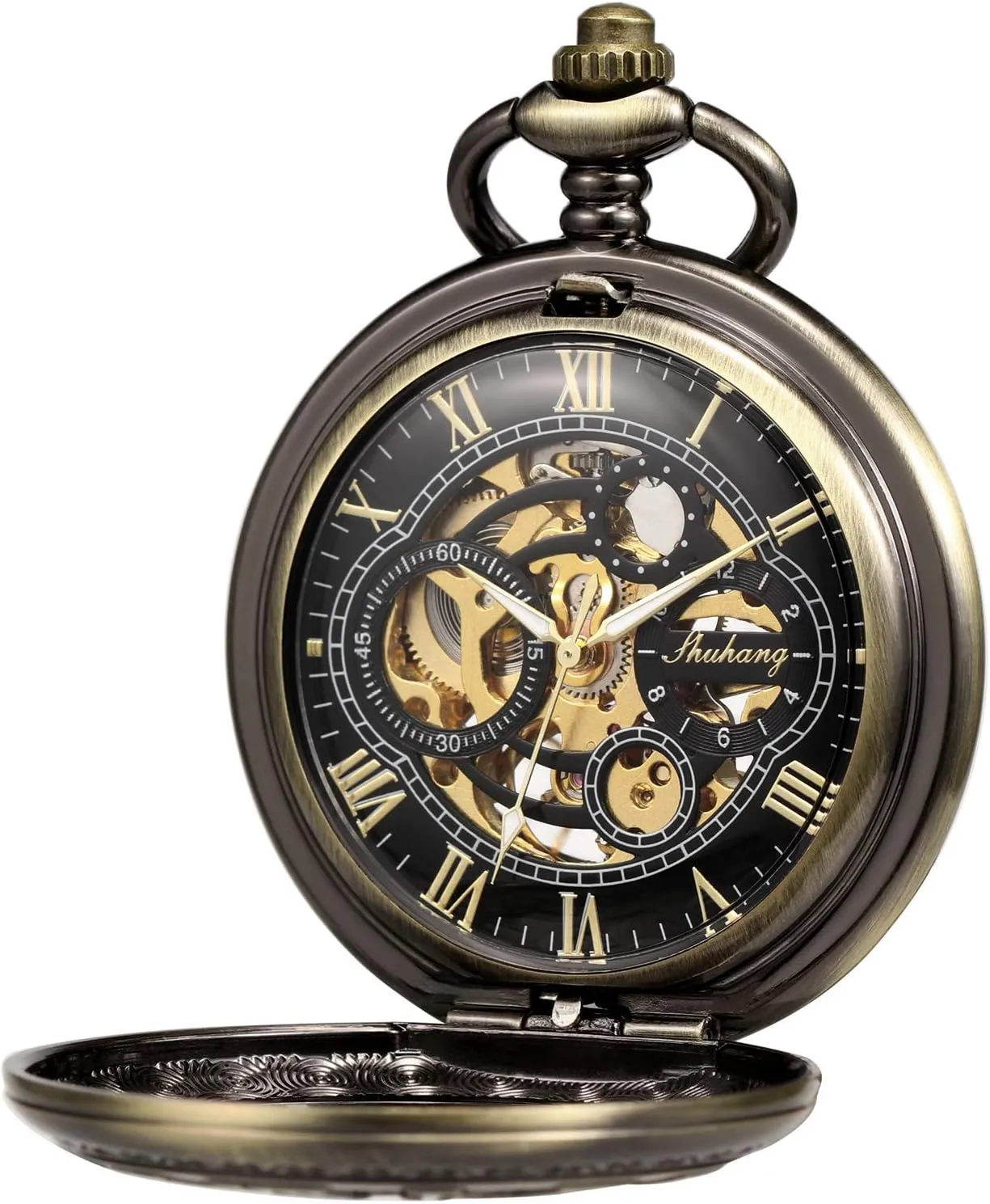 Roman Numerals Bronze/Black/Gold ROLTIN Pocket Watch with Chain Men's potion Analog Hand Winding Double Case Antique Gear 