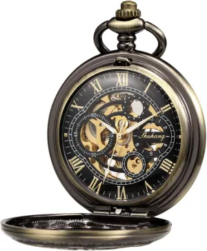Roman Numerals Bronze/Black/Gold ROLTIN Pocket Watch with Chain Men's potion Analog Hand Winding Double Case Antique Gear 