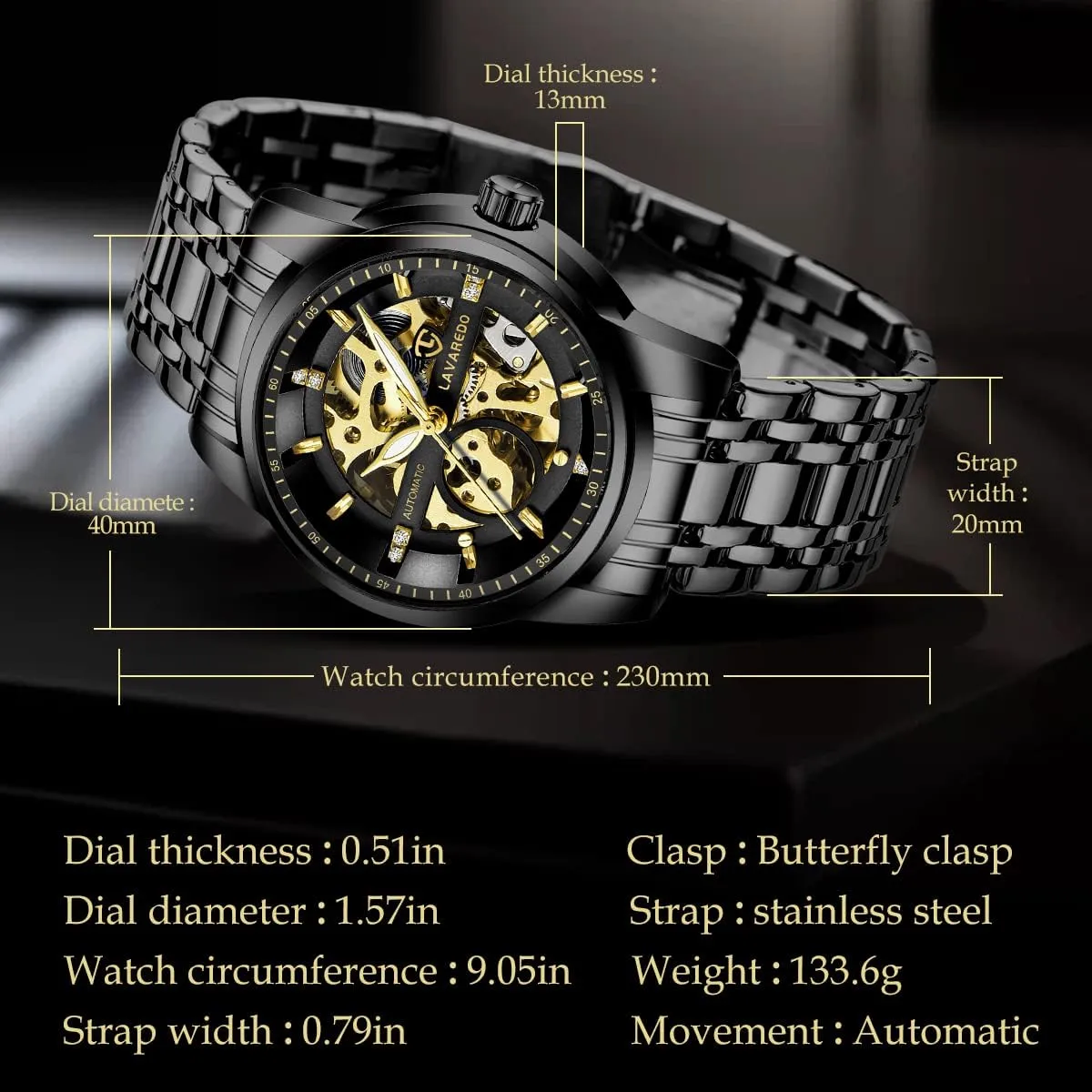 Roman Numerals Diamond Dial Wrist Watch A ALPS Mens Watch Skeleton Luxury Mechanical Stainless loyalist Steel Waterproof Black Automatic Self-Winding 