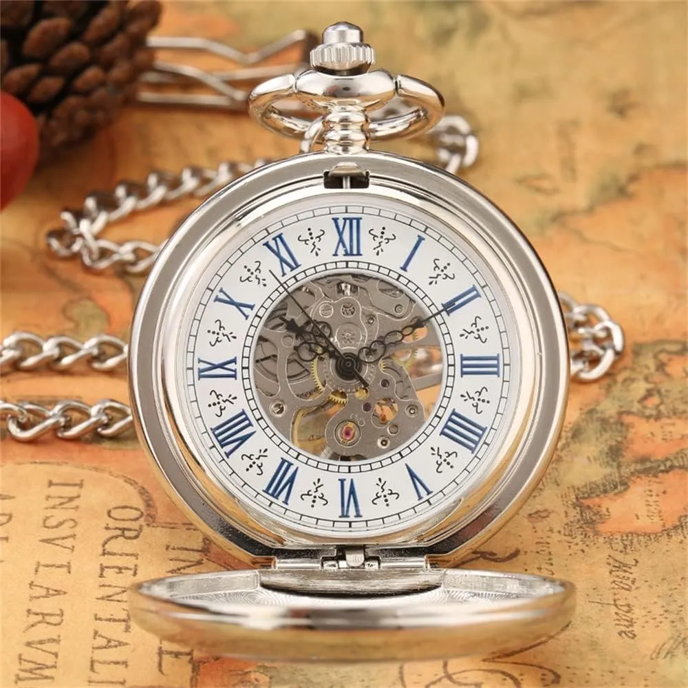 Roman Numerals Display Skeleton Pendant Clock Silver creation craft stratigraphy predominant enemy Mechanical Hand Wind Antique Pocket Watch Exquisite 