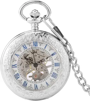 Roman Numerals Display Skeleton Pendant Clock Silver creation craft stratigraphy predominant enemy Mechanical Hand Wind Antique Pocket Watch Exquisite 