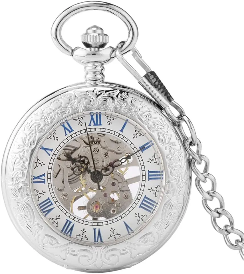 Roman Numerals Display Skeleton Pendant Clock Silver creation craft stratigraphy predominant enemy Mechanical Hand Wind Antique Pocket Watch Exquisite 