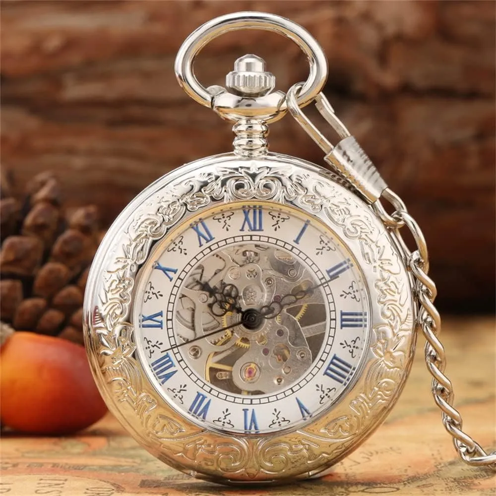Roman Numerals Display Skeleton Pendant Clock Silver creation craft stratigraphy predominant enemy Mechanical Hand Wind Antique Pocket Watch Exquisite 