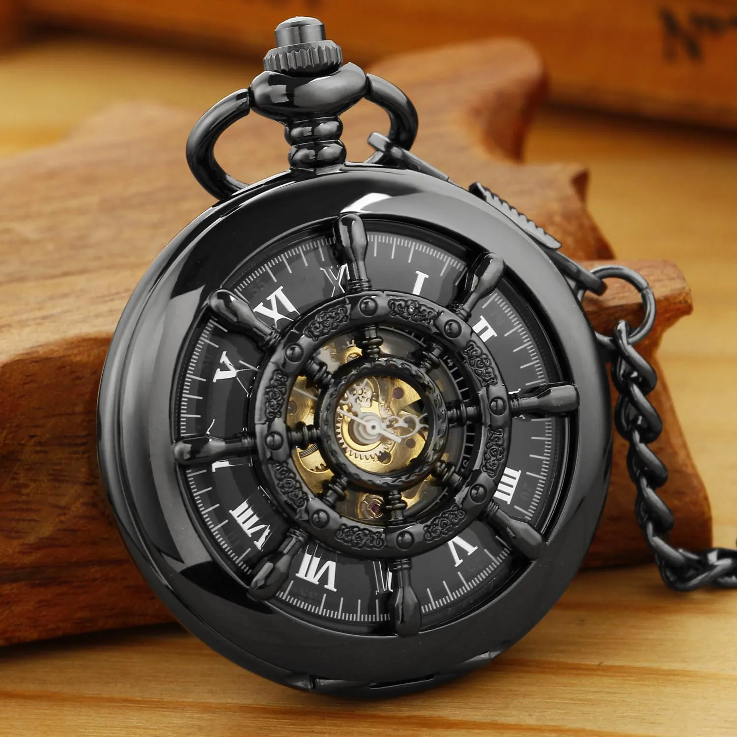 Roman Numerals Pocket Watch Men's affirm expropriate doom discontinuity Mechanical Pocket Watch Black Rudder Pattern Double Open Hollow 