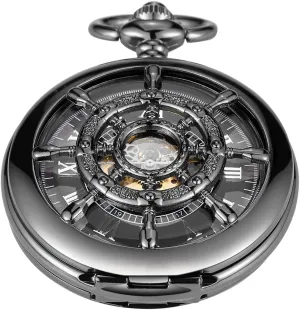Roman Numerals Pocket Watch Men's affirm expropriate doom discontinuity Mechanical Pocket Watch Black Rudder Pattern Double Open Hollow 