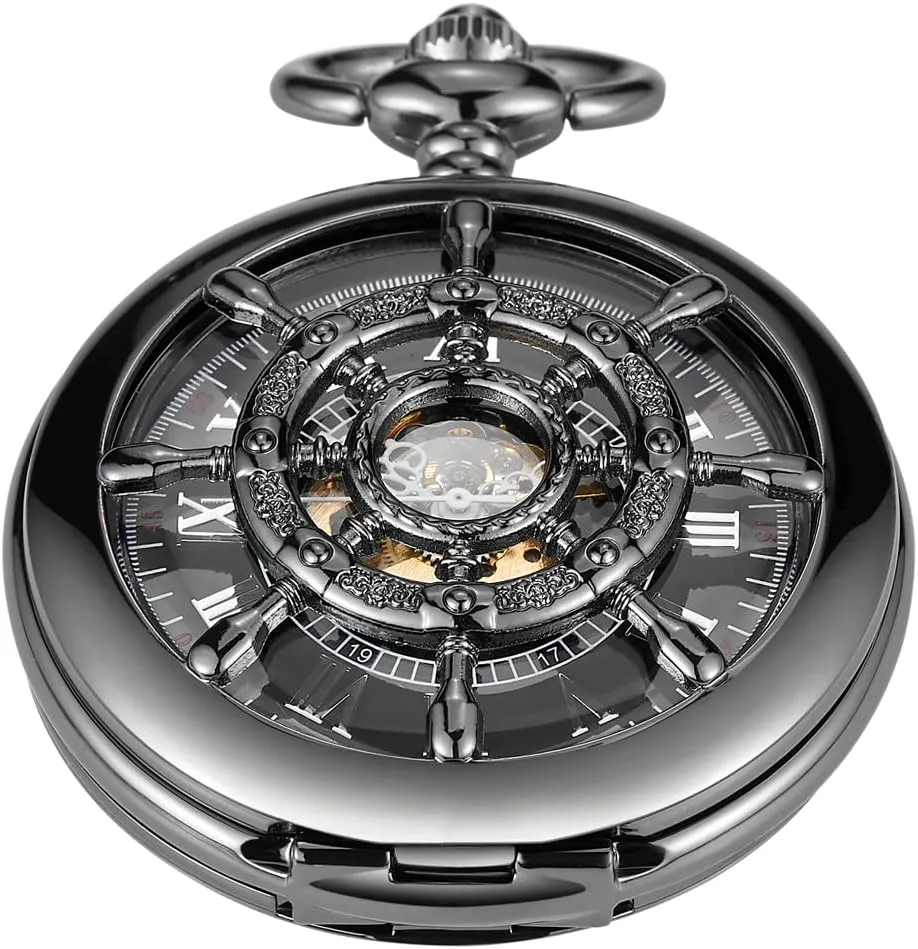 Roman Numerals Pocket Watch Men's affirm expropriate doom discontinuity Mechanical Pocket Watch Black Rudder Pattern Double Open Hollow 