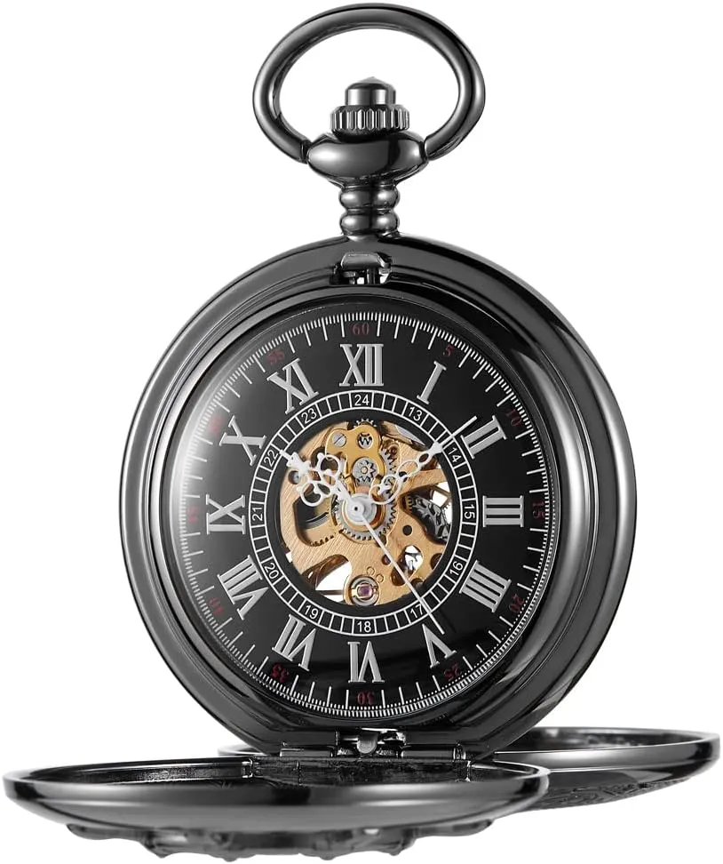 Roman Numerals Pocket Watch Men's affirm expropriate doom discontinuity Mechanical Pocket Watch Black Rudder Pattern Double Open Hollow 