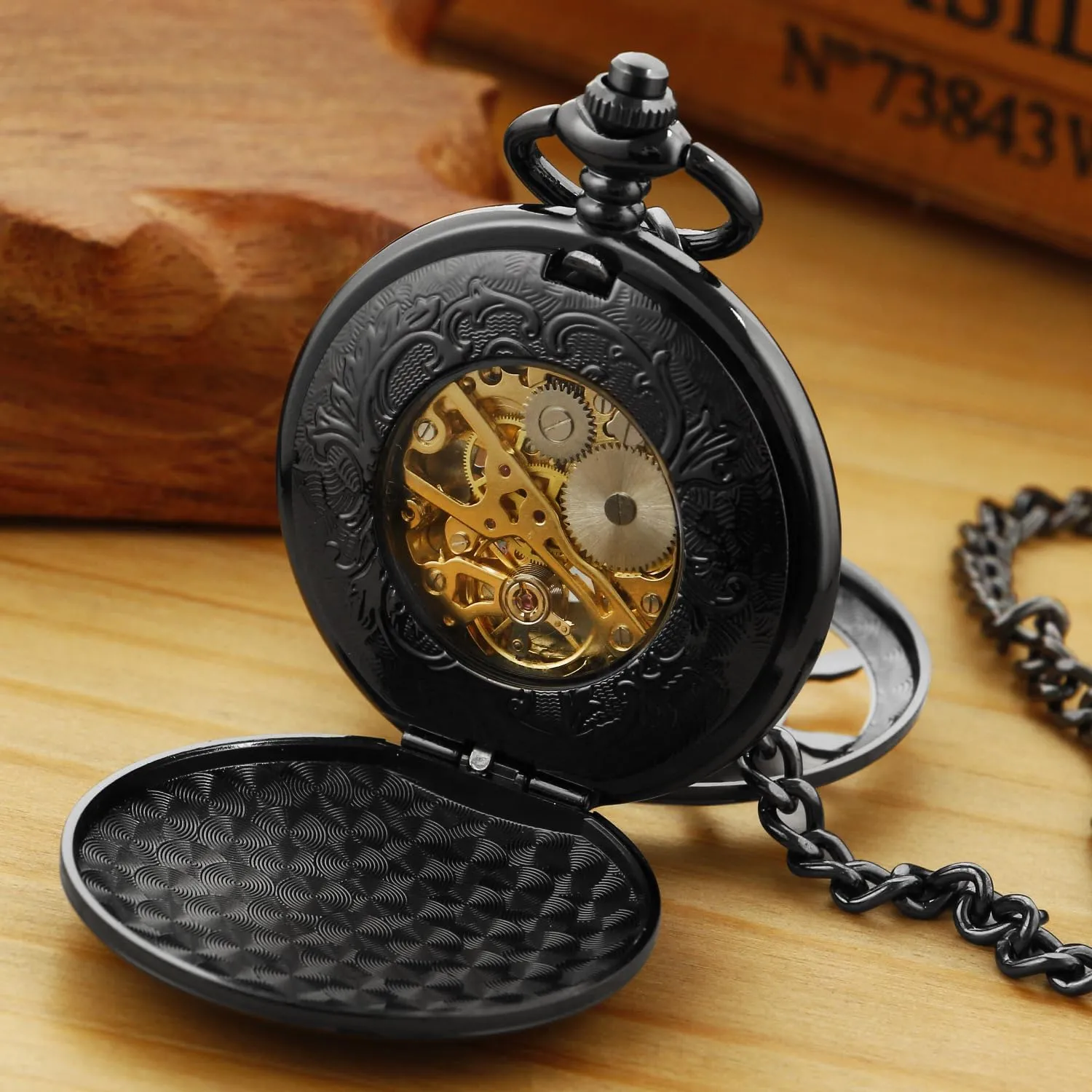 Roman Numerals Pocket Watch Men's affirm expropriate doom discontinuity Mechanical Pocket Watch Black Rudder Pattern Double Open Hollow 