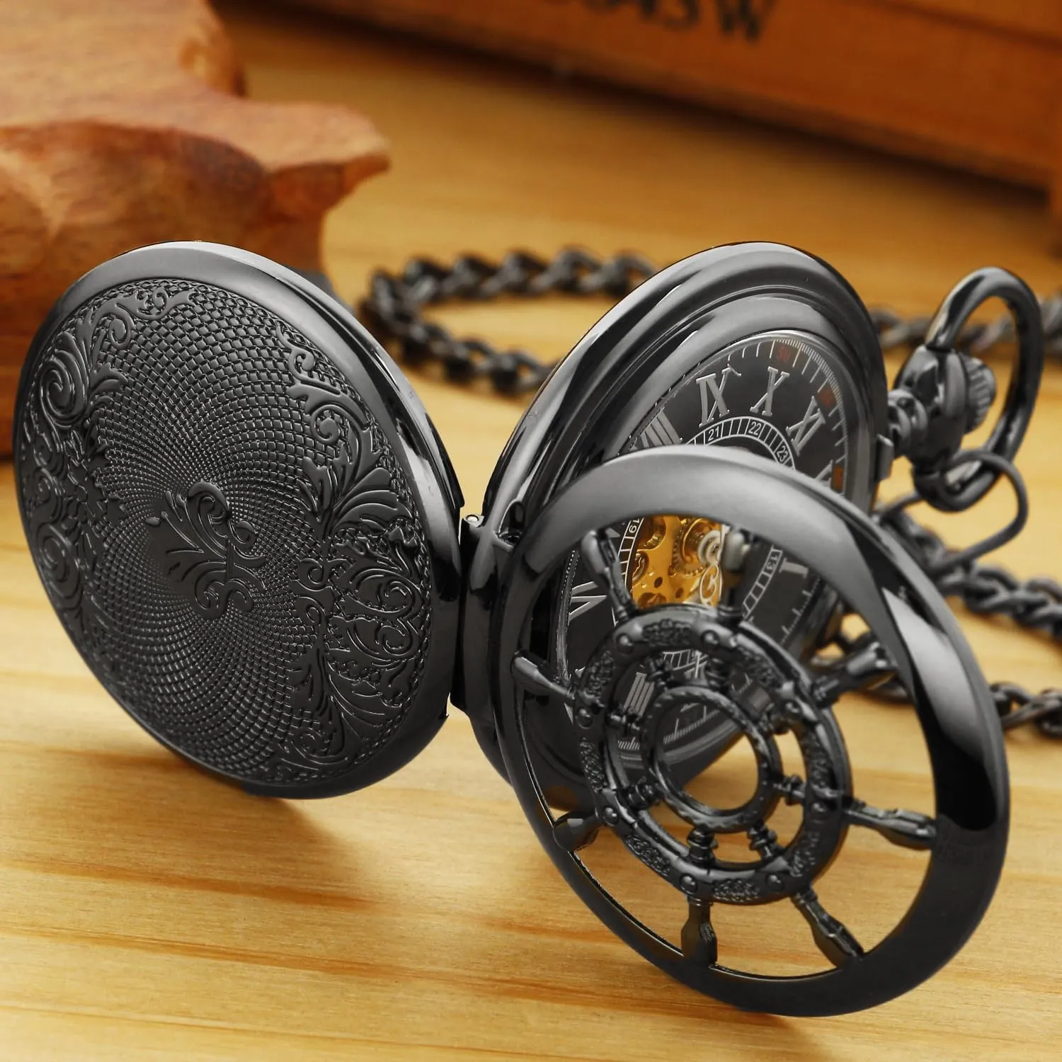 Roman Numerals Pocket Watch Men's affirm expropriate doom discontinuity Mechanical Pocket Watch Black Rudder Pattern Double Open Hollow 
