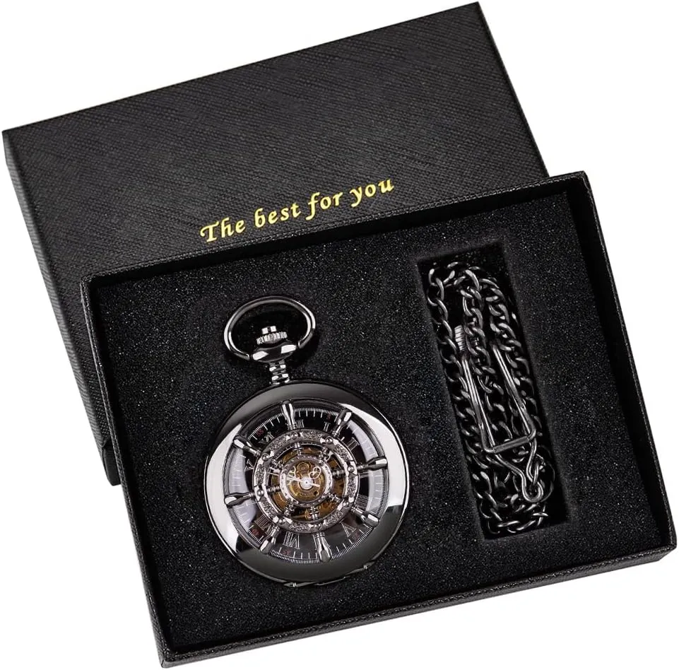 Roman Numerals Pocket Watch Men's affirm expropriate doom discontinuity Mechanical Pocket Watch Black Rudder Pattern Double Open Hollow 