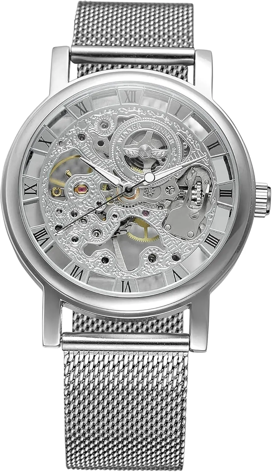 Roman Numerals Stainless Steel microscopy Bracelet Mechanical Wrist Watch Men's Hand Wind Skeleton 