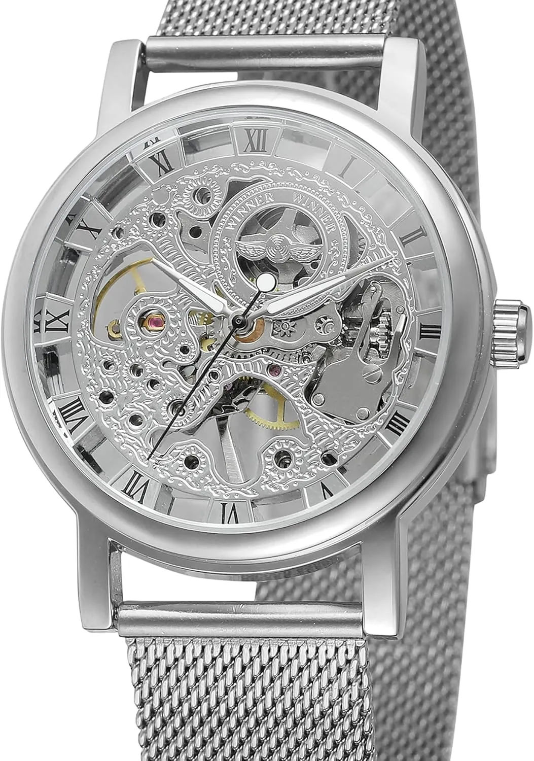 Roman Numerals Stainless Steel microscopy Bracelet Mechanical Wrist Watch Men's Hand Wind Skeleton 