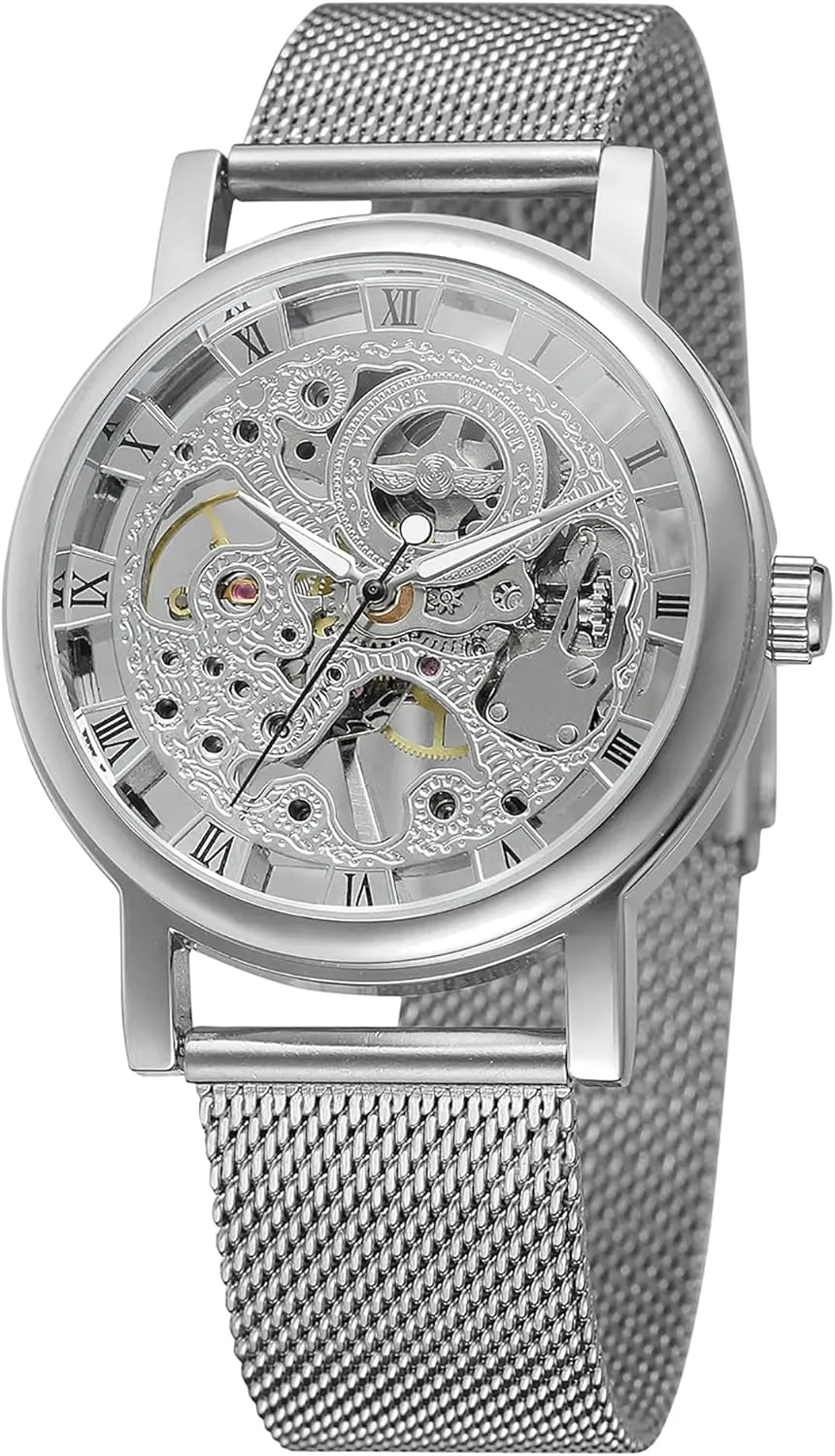 Roman Numerals Stainless Steel microscopy Bracelet Mechanical Wrist Watch Men's Hand Wind Skeleton 