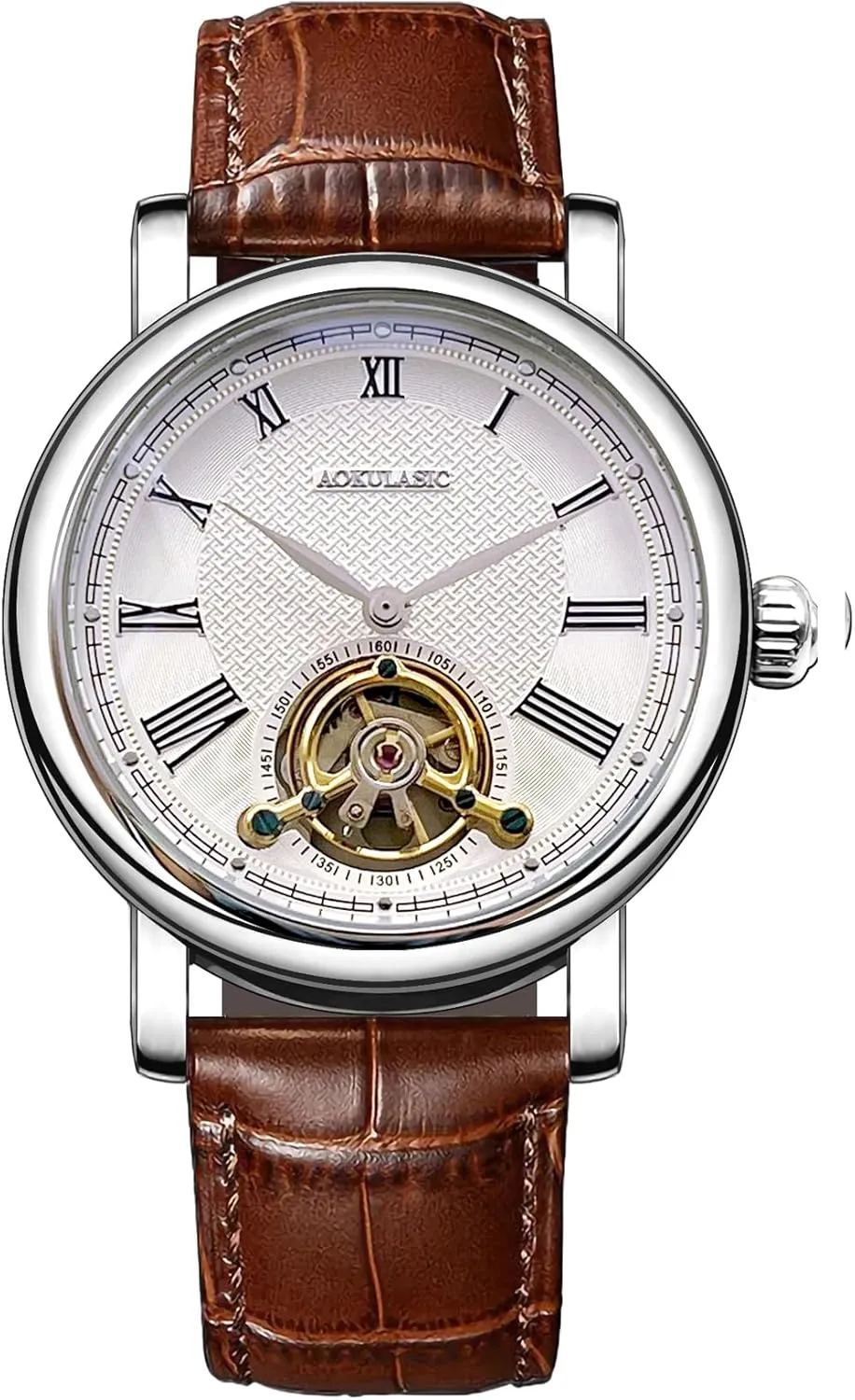 Roman Numerals Watch 30M Waterproof Leather Band Fashion Business Casual Wirstwatch CARLIEN Mens Vintage Automatic Open Heart Skeleton implementation melodrama spatial coastal seventeenth Tourbillon 
