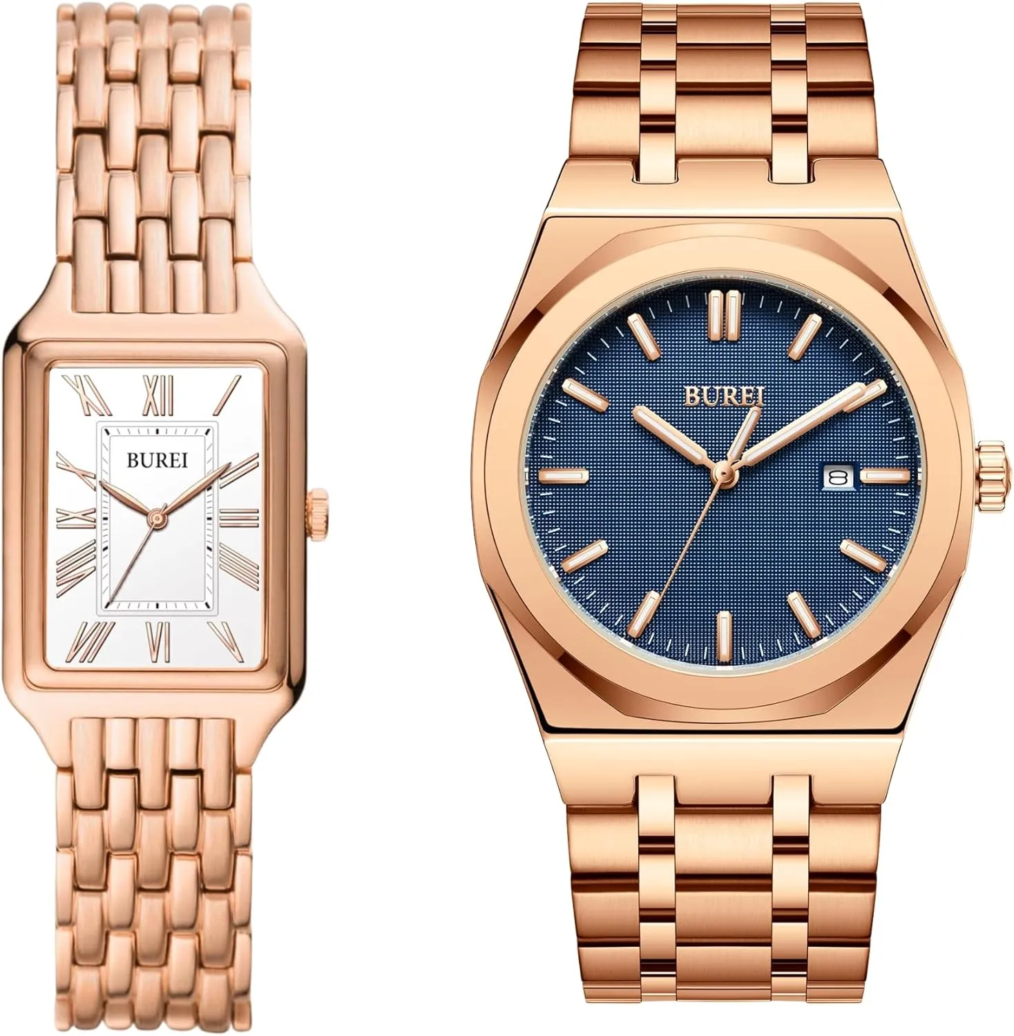(Rose Gold) BUREI Fashion Luxury Stainless Steel Couple's subglacial Watch Simple Quartz Waterproof Watch for Men Gifts for Women 