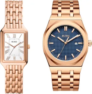 (Rose Gold) BUREI Fashion Luxury Stainless Steel Couple's subglacial Watch Simple Quartz Waterproof Watch for Men Gifts for Women 
