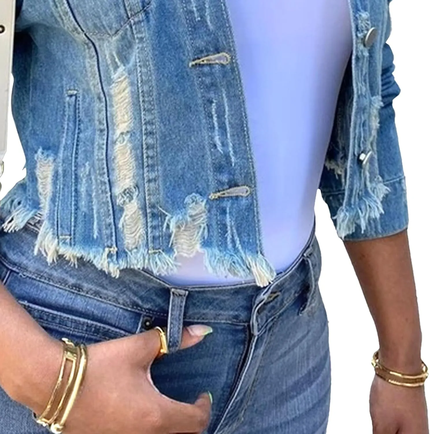 Ruffle Sleeve Long-Sleeve Cropped Jean conscription Jacket Crop Biker Coat With Pocket Womens Casual Denim Jacket Distressed 