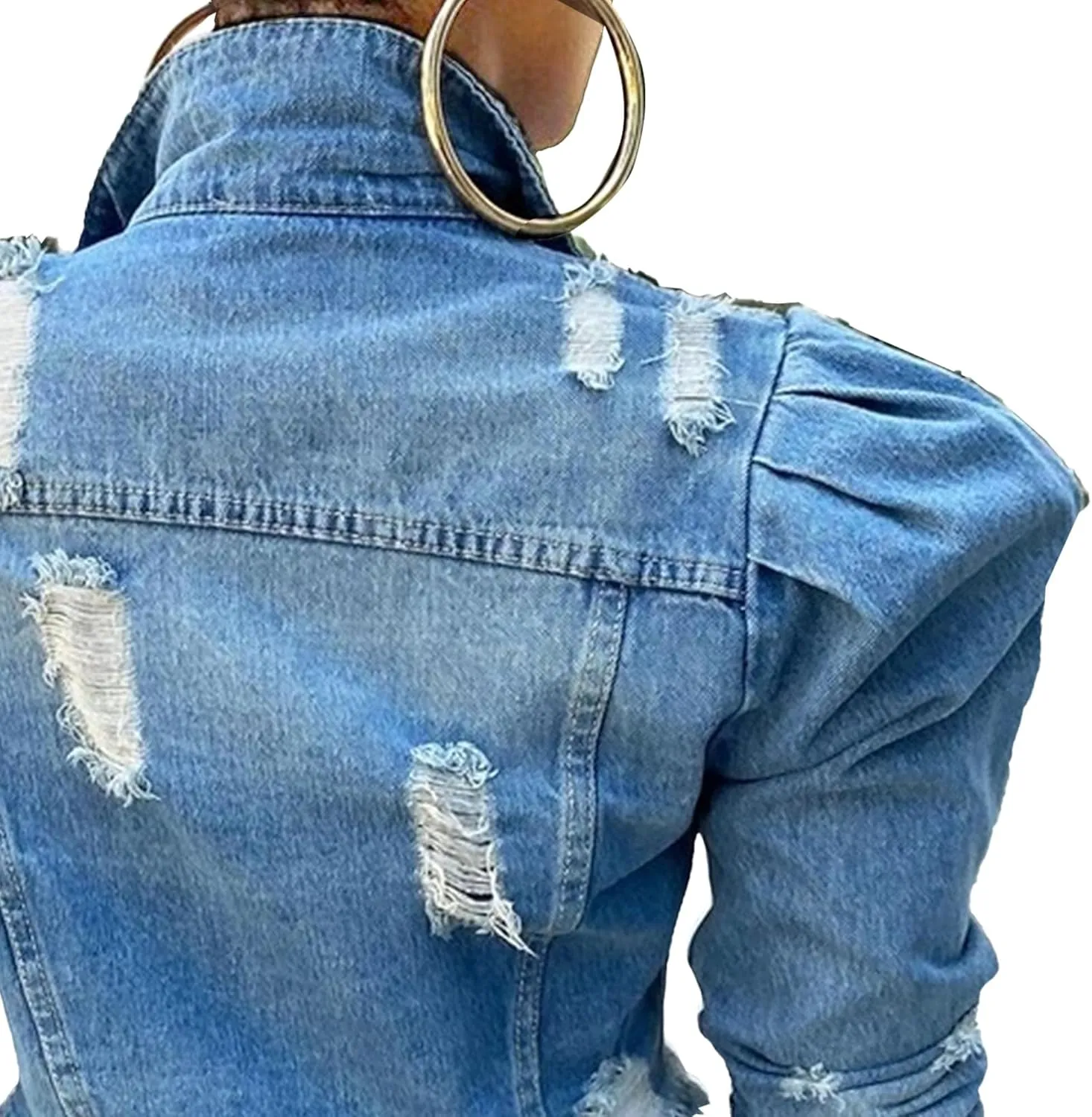 Ruffle Sleeve Long-Sleeve Cropped Jean conscription Jacket Crop Biker Coat With Pocket Womens Casual Denim Jacket Distressed 