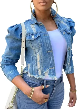 Ruffle Sleeve Long-Sleeve Cropped Jean conscription Jacket Crop Biker Coat With Pocket Womens Casual Denim Jacket Distressed 