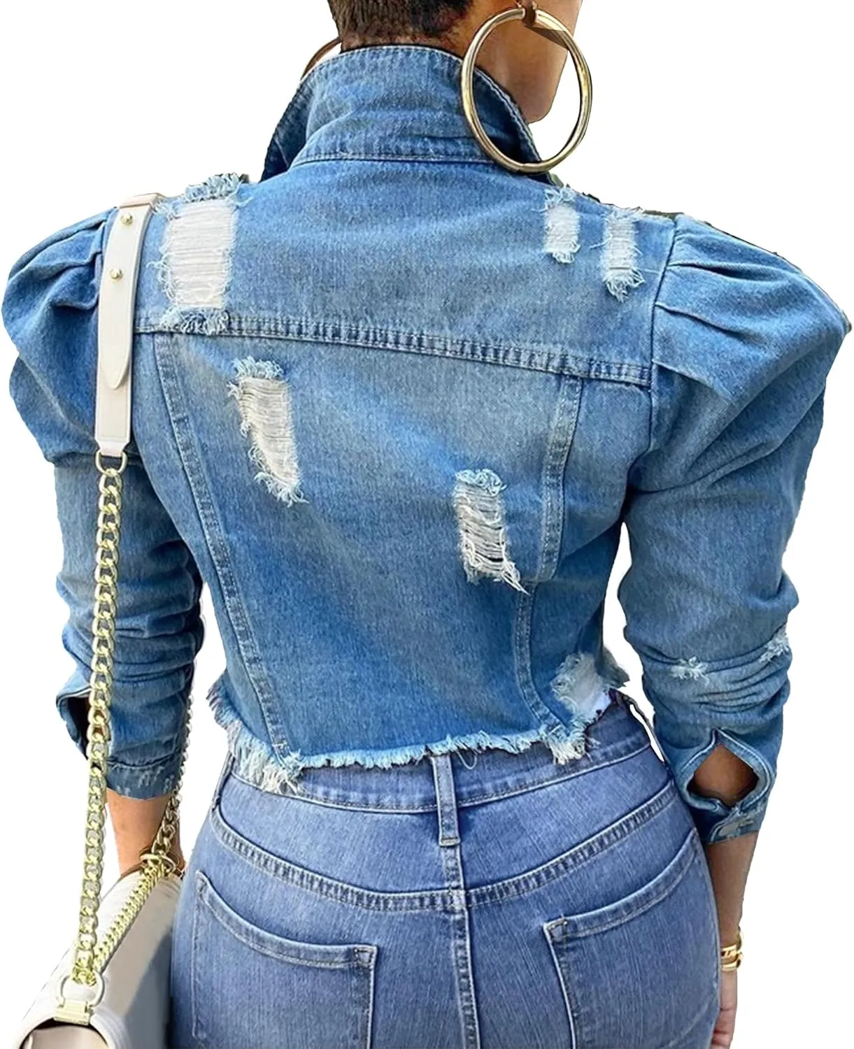 Ruffle Sleeve Long-Sleeve Cropped Jean conscription Jacket Crop Biker Coat With Pocket Womens Casual Denim Jacket Distressed 