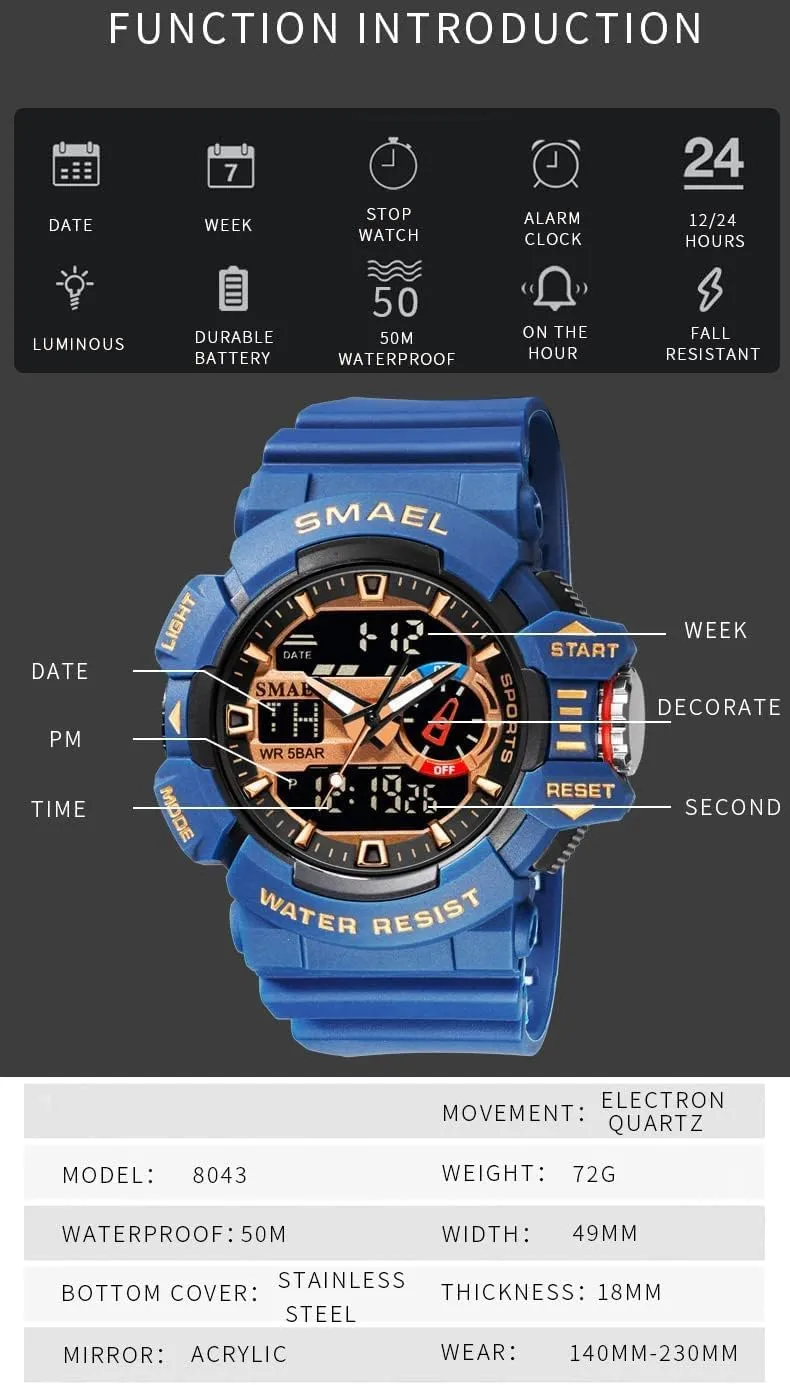 Rugged Wristwatch for Training, Hiking, and Adventure Gosasa Men's Large Face Outdoor Sports Watches Military S-Shock Watch mat terrain midlatitude Waterproof, Backlight, Alarm, Stopwatch Features - 