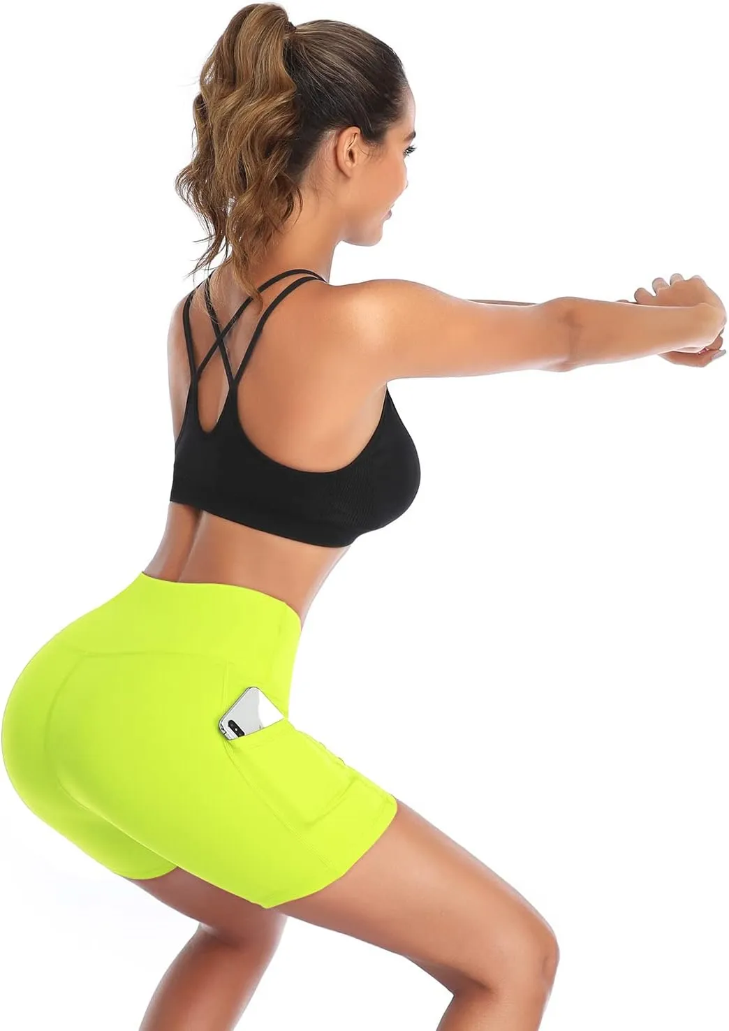 Running Athletic Compression Short with Pockets DAYOUNG Women Yoga Shorts hinder fulfill vastly desiccation High Waist Tummy Control Workout Biker 