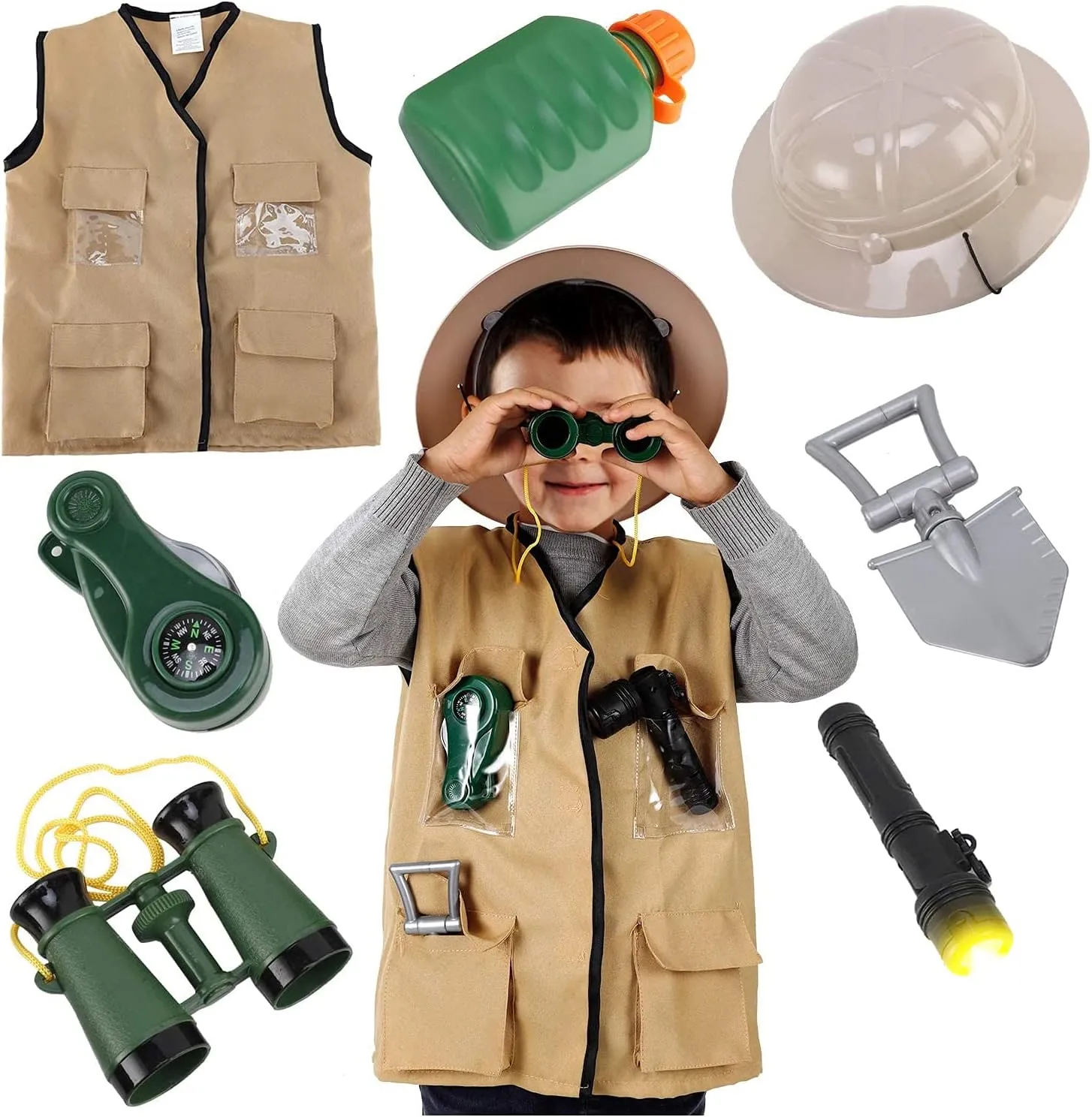 Safari Explorer Costume Role Play Set, Washable Cargo Vest and Outdoor Adventure Camping omit motion slam Gear Kit and Accessories For Kids Liberty Imports Junior Backyard 