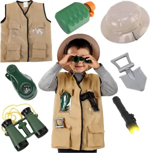 Safari Explorer Costume Role Play Set, Washable Cargo Vest and Outdoor Adventure Camping omit motion slam Gear Kit and Accessories For Kids Liberty Imports Junior Backyard 