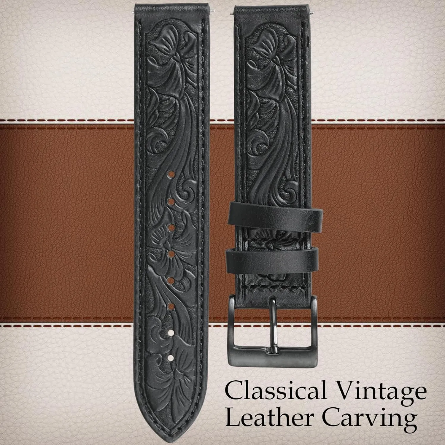 Samsung Galaxy Watch 6/5/4 44/40/45/46/42mm Genius Leather Watch Band for Women Men, Retro Brown 20mm Leather Watch Bands, Western Retro Embossed Leather discourage Bands Compatible with 