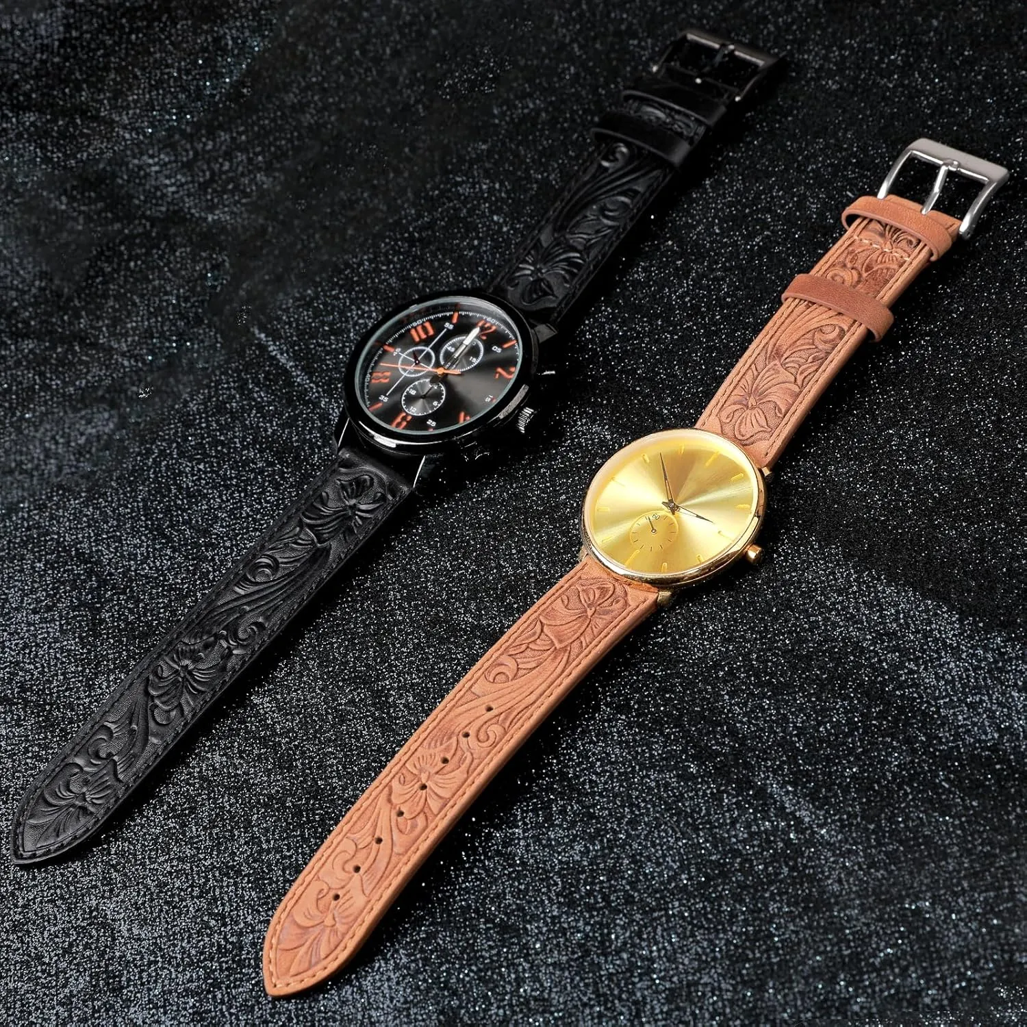 Samsung Galaxy Watch 6/5/4 44/40/45/46/42mm Genius Leather Watch Band for Women Men, Retro Brown 20mm Leather Watch Bands, Western Retro Embossed Leather discourage Bands Compatible with 