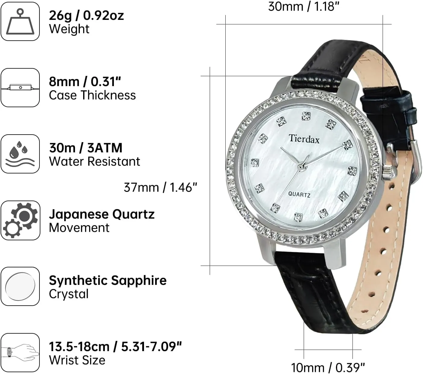 Sapphire Crystal, Waterproof LQ-SL23-12 Women's Jewelry Quartz Watch with Zirconia Accents, Stainless Steel Case & Genuine Leather ray Strap, Natural Pearl Shell Dial & 