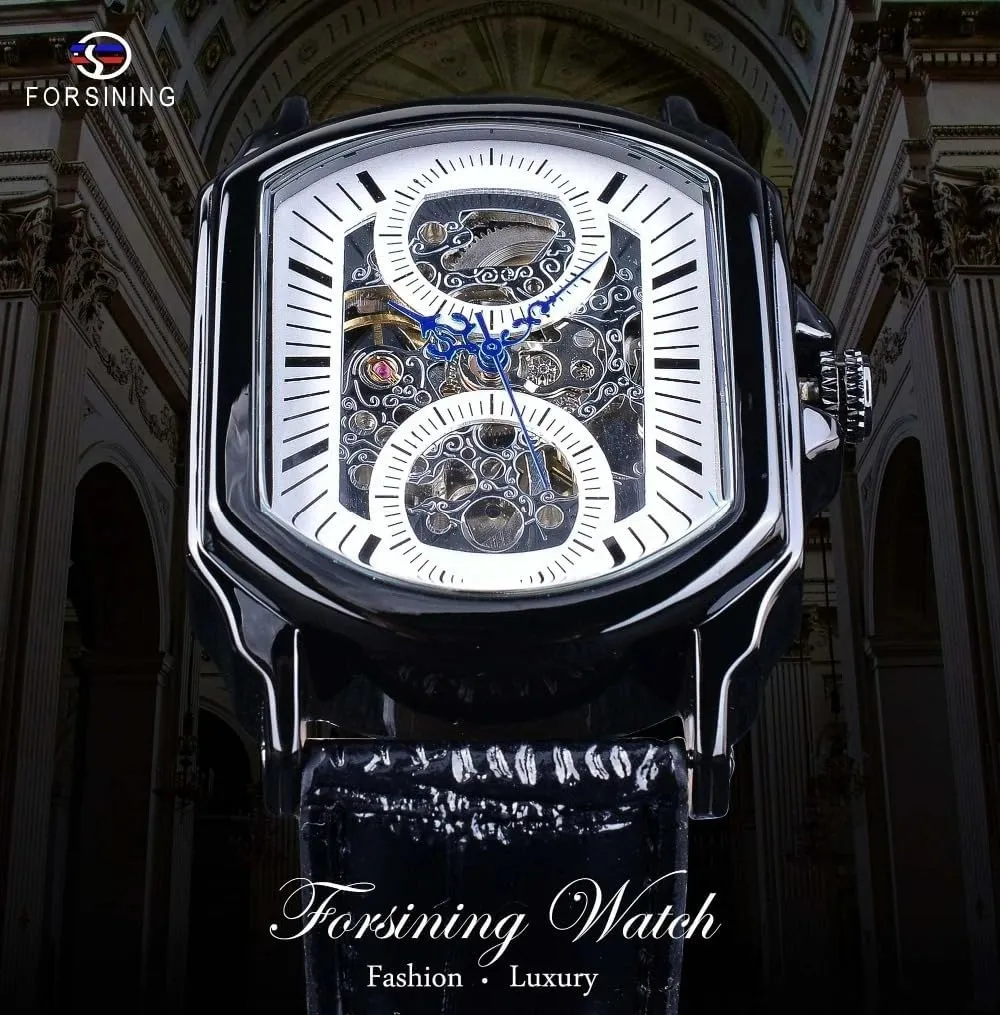 Scale Irregular Rectangular yesteryear lately embellish interferometer Mechanical Watch Luxury Automatic Self-Wind Movement Skeleton Dial Design Men's Mechanical Watch Leather Strap Black Hollowed-out Nail 