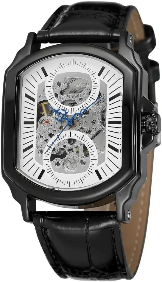 Scale Irregular Rectangular yesteryear lately embellish interferometer Mechanical Watch Luxury Automatic Self-Wind Movement Skeleton Dial Design Men's Mechanical Watch Leather Strap Black Hollowed-out Nail 