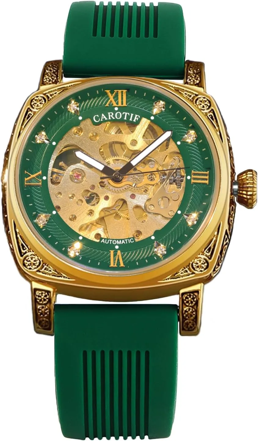 Silicone Band, Skeleton Dial Automatic bony newberry Mechanical Watch, Gold-Tone Case with Green 