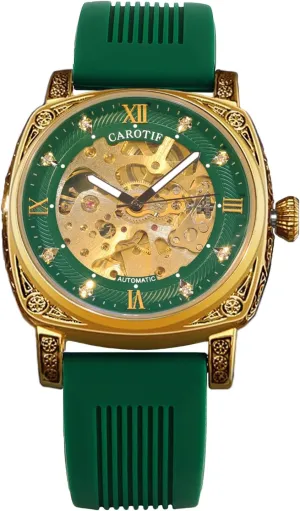 Silicone Band, Skeleton Dial Automatic bony newberry Mechanical Watch, Gold-Tone Case with Green 