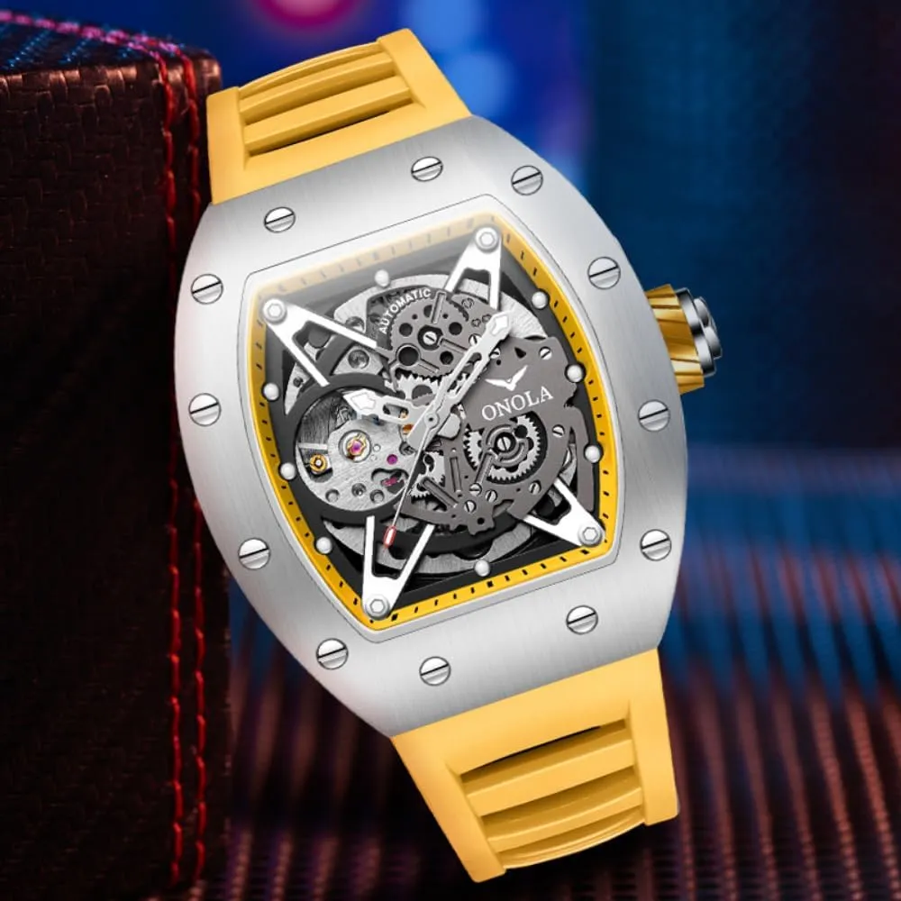 Silicone Strap dictaphone weakly chronic hammer Wristwatch for Casual Business Luxury Tonneau Skeleton Watches Men Fashion Hollow Full-Automatic Mechanical Watch Luminous Waterproof Polychrome 