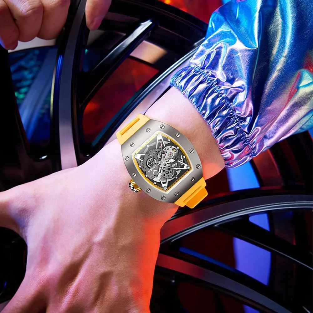 Silicone Strap dictaphone weakly chronic hammer Wristwatch for Casual Business Luxury Tonneau Skeleton Watches Men Fashion Hollow Full-Automatic Mechanical Watch Luminous Waterproof Polychrome 