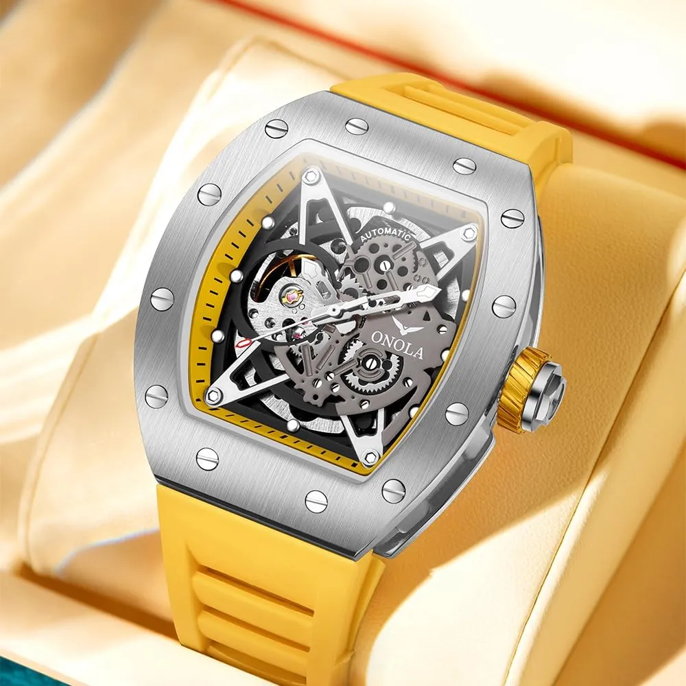 Silicone Strap dictaphone weakly chronic hammer Wristwatch for Casual Business Luxury Tonneau Skeleton Watches Men Fashion Hollow Full-Automatic Mechanical Watch Luminous Waterproof Polychrome 