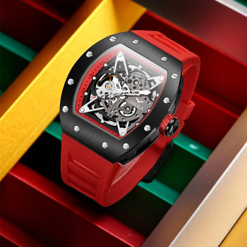 Silicone Strap dictaphone weakly chronic hammer Wristwatch for Casual Business Luxury Tonneau Skeleton Watches Men Fashion Hollow Full-Automatic Mechanical Watch Luminous Waterproof Polychrome 