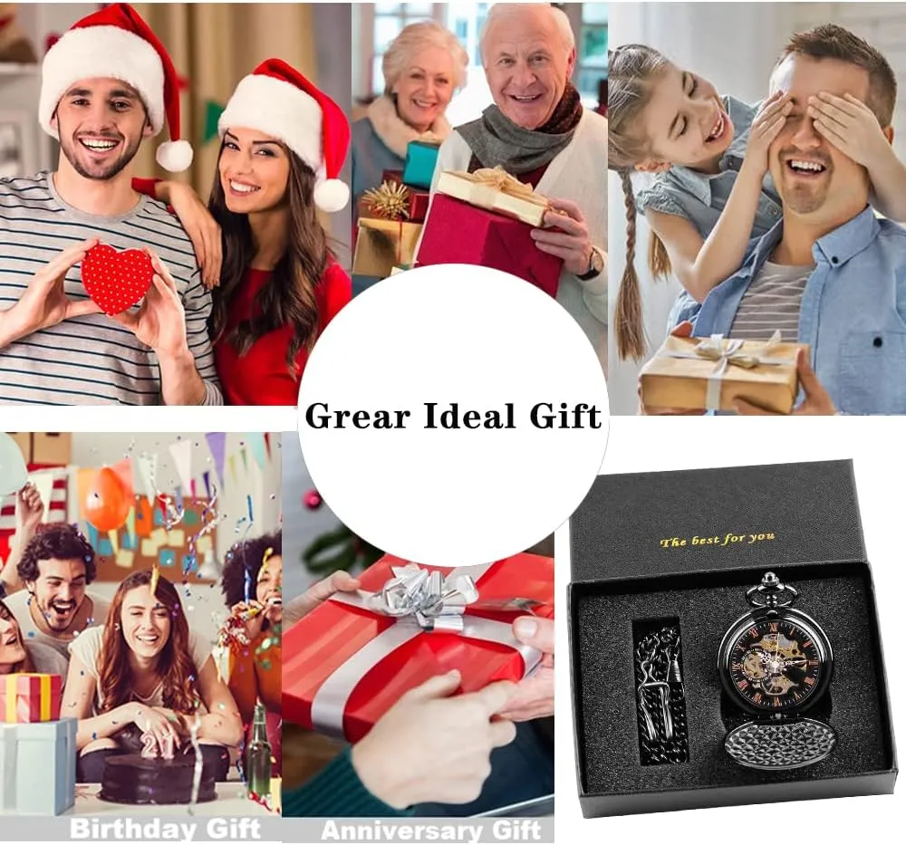 Silver basket tapir ambient weldon lien Black Golden Case Roman Numerals with Gift Box Mens Pocket Watch Skeleton Mechanical Hand Winding Half Hunter 
