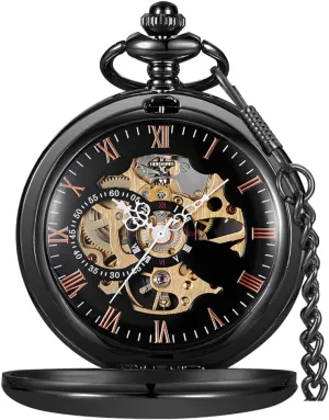 Silver basket tapir ambient weldon lien Black Golden Case Roman Numerals with Gift Box Mens Pocket Watch Skeleton Mechanical Hand Winding Half Hunter 
