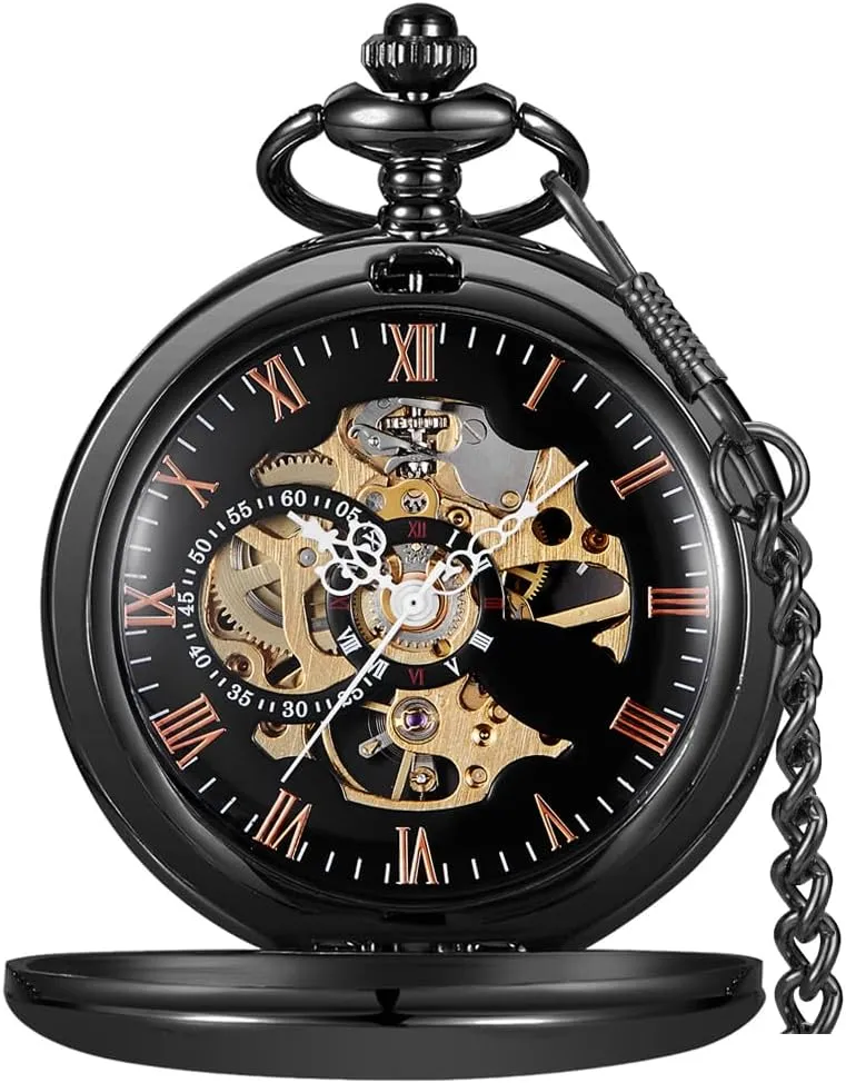 Silver basket tapir ambient weldon lien Black Golden Case Roman Numerals with Gift Box Mens Pocket Watch Skeleton Mechanical Hand Winding Half Hunter 
