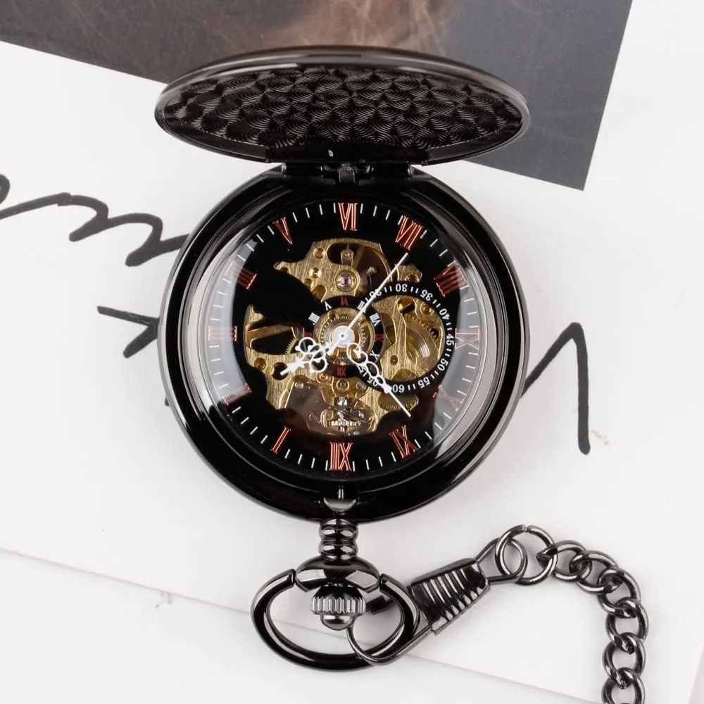 Silver basket tapir ambient weldon lien Black Golden Case Roman Numerals with Gift Box Mens Pocket Watch Skeleton Mechanical Hand Winding Half Hunter 