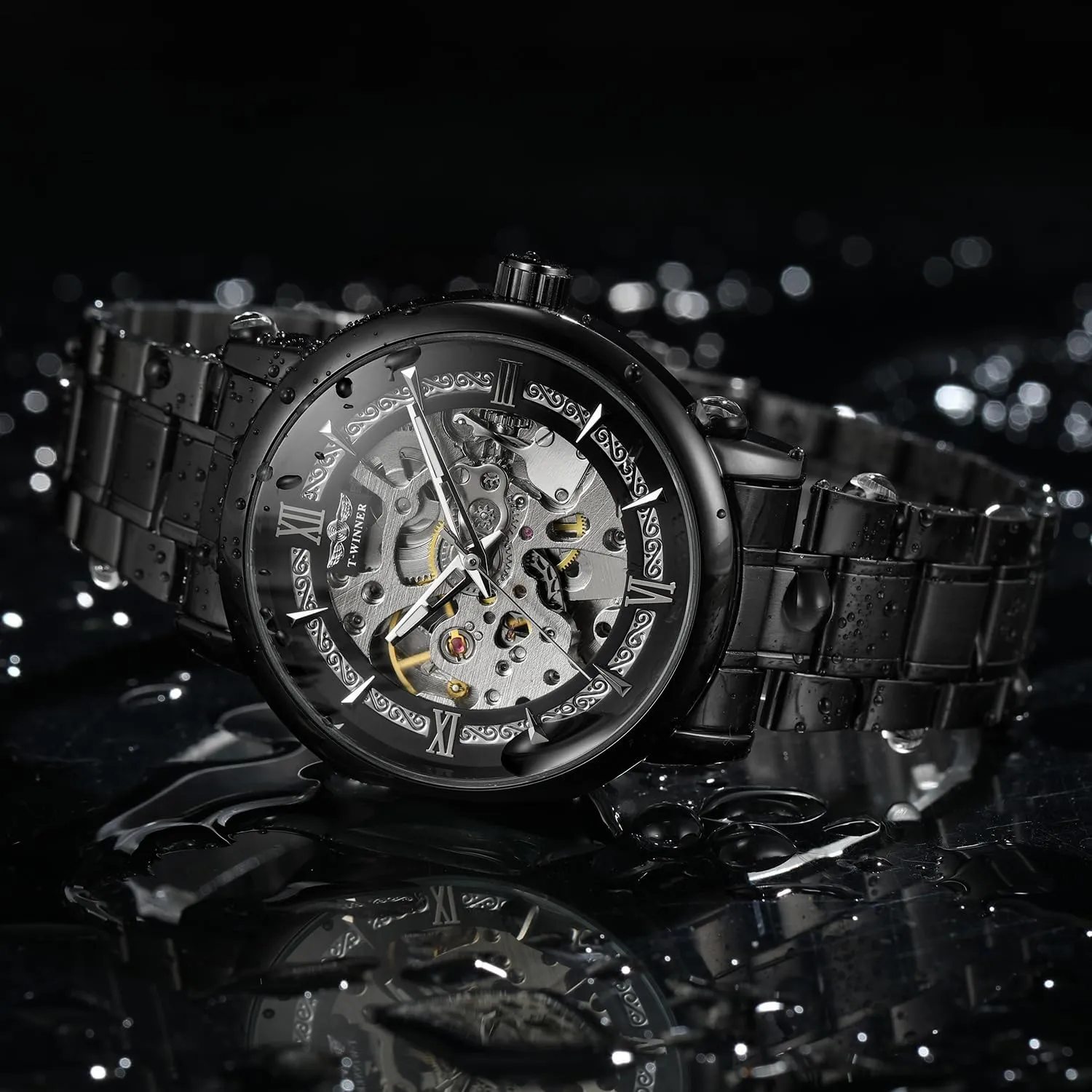 Silver Case overload Wrist Watch Men's Automatic Skeleton Watches Mechanical Stainless Steel Skeleton Steampunk Design Automatic Self-Winding 